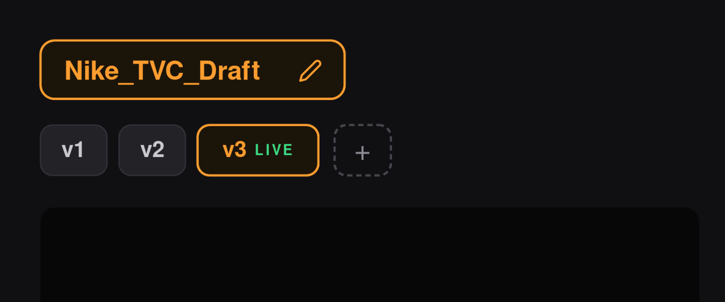 Scenenote version tabs showing v1, v2 and v3 (live), with a button to add a new version